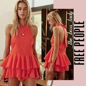 Free People top ruffle halter tunic in cotton lightweight boho summer orange XS